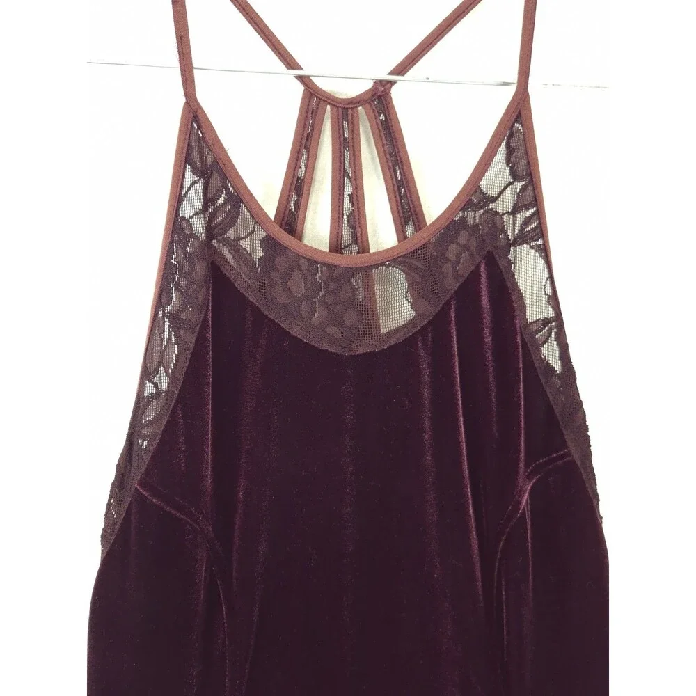 Free People Velvet Mini Dress Womens XS Cami Slip Dress Burgundy Red Floral Lace